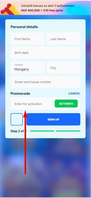 Promóciós kód beírása.