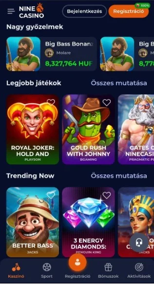 Játékválaszték és Nine Casino szolgáltatók