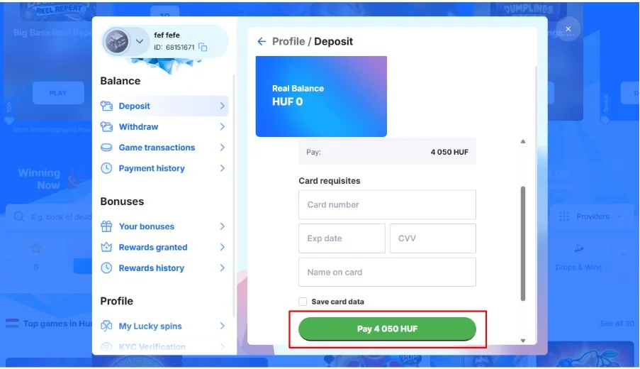 Add meg a befizetés összegét és a kártya adatait