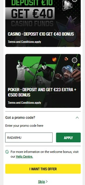 A megfelelő mezőbe írd be a Unibet promóciós kód.